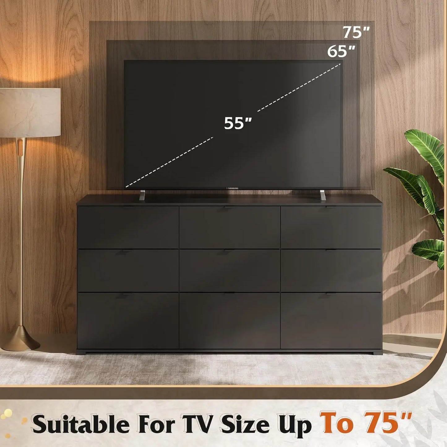 9 Drawer Dressers, Modern Large Wood Dresser Chest for Bedroom Organize with Sturdy Metal Handle, Black (63" W)