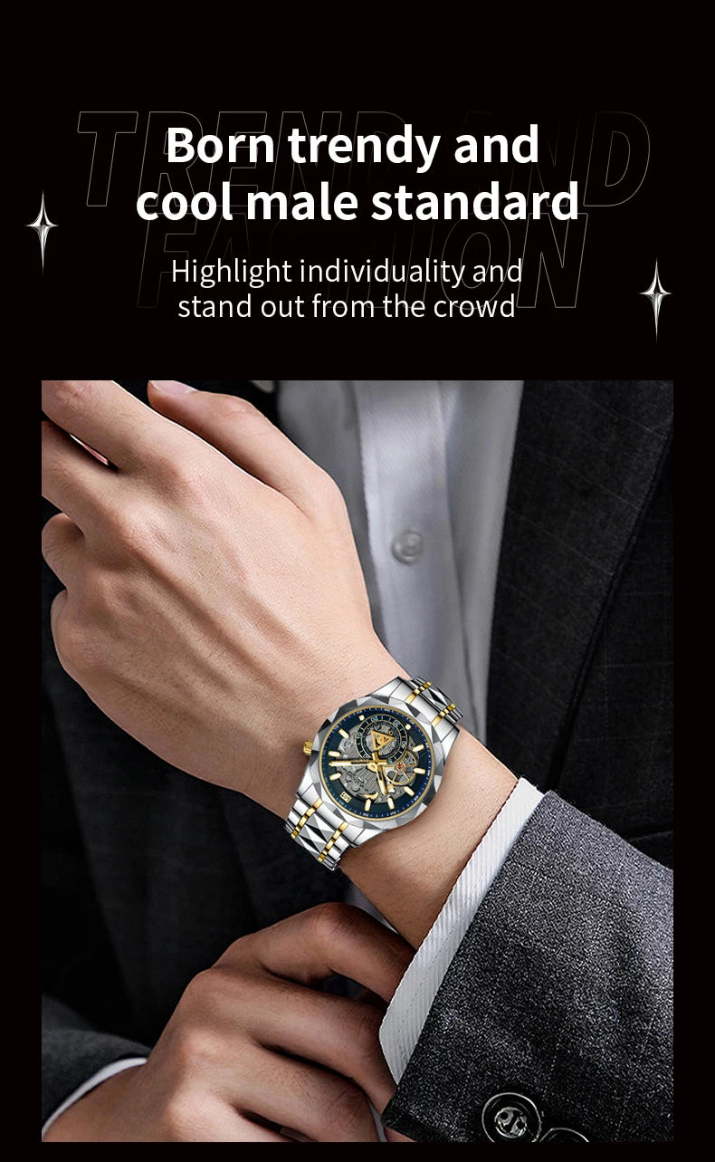 VA VA VOOM Stainless Steel Mens Quartz Watch With 41mm Hollowed Out Dial Quartz Movement Luminous Gold Luxurious Men Wristwatch - Uknowucme