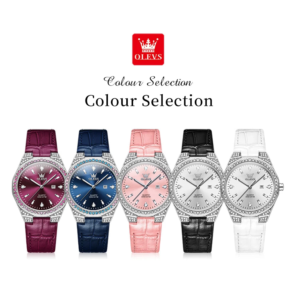 OLEVS 5606 Women's Watches Pink Watch Girl for Women Leather Strap Waterproof Full Diamond Bezel Elegant Ladies' Watches NEW - Uknowucme