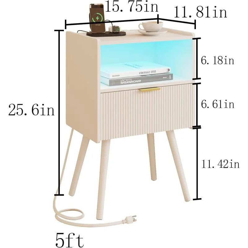 Nightstand Modern Bedside Table Charging Station And LED Lights Night Stand Storage Drawer Solid Wood Legs Organizer Vanity