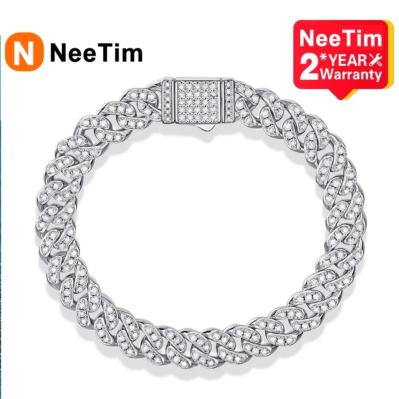 NeeTim Full Moissanite Hip Hop Men Women Cuban Chain Bracelets 925 Sterling Silver with 18k Gold Plated Cuban Bracelet Jewelry - Uknowucme