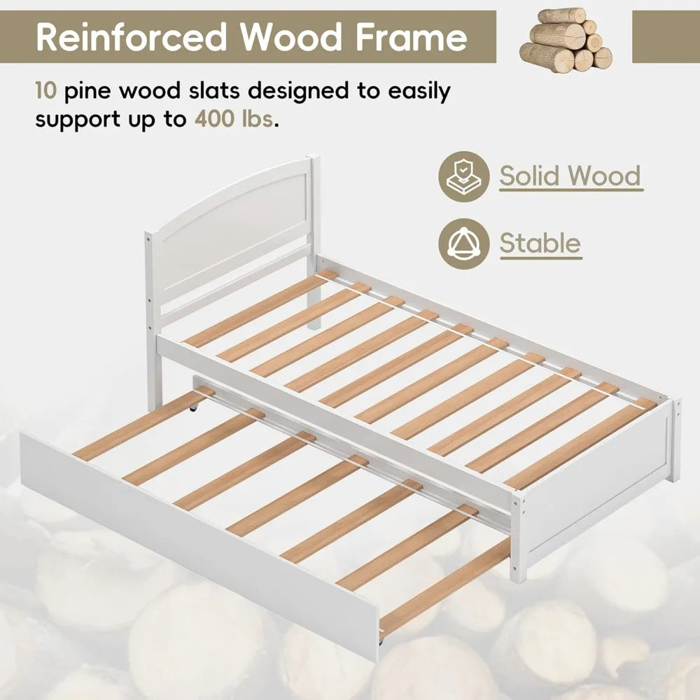 Twin Trundle Bed, Solid Wooden Pull Out Bedframe, Extendable Day Bed with Headboard and Soild Wood Slats Support, Bedroom