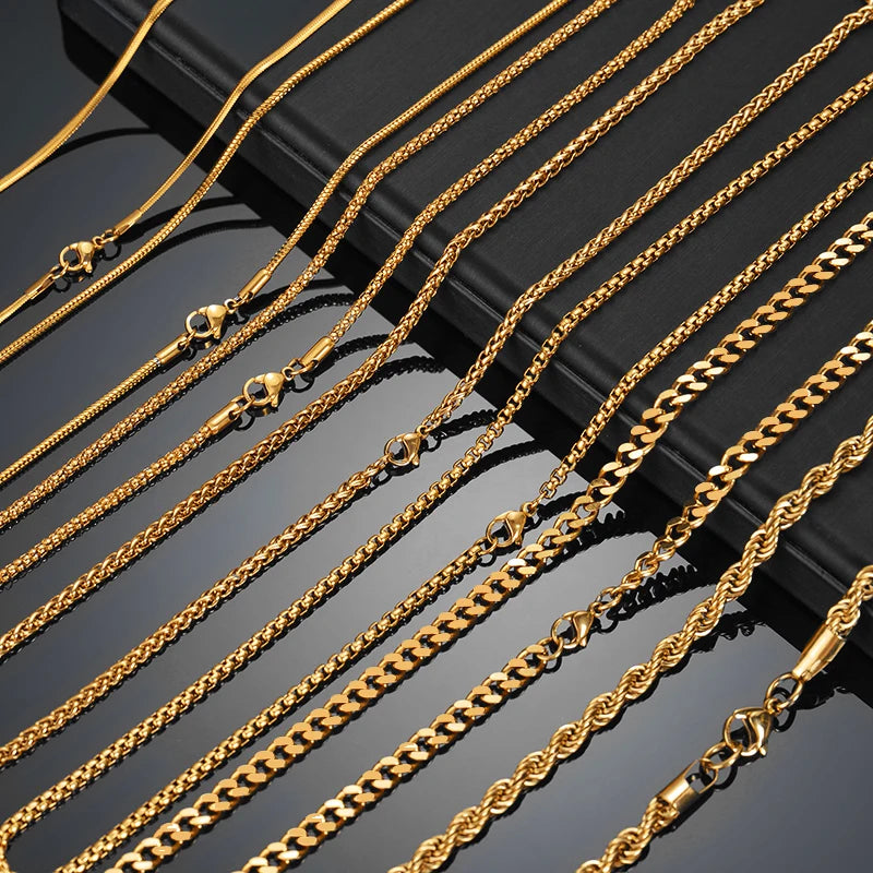 Treebud 3mm 40cm/50cm/60cm Gold Color Chain Necklace Stainless Steel Punk Cuban Chain Rope Chain Snake Chain Necklaces Jewelry - Uknowucme