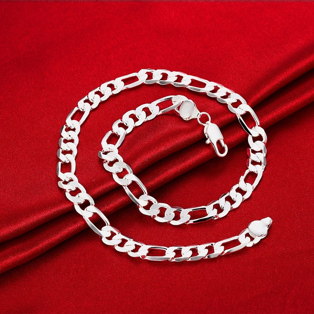 New luxury 925 Sterling silver classic 10MM Figaro Chain bracelets neckalces jewelry set for man women fashion party Accessories - Uknowucme