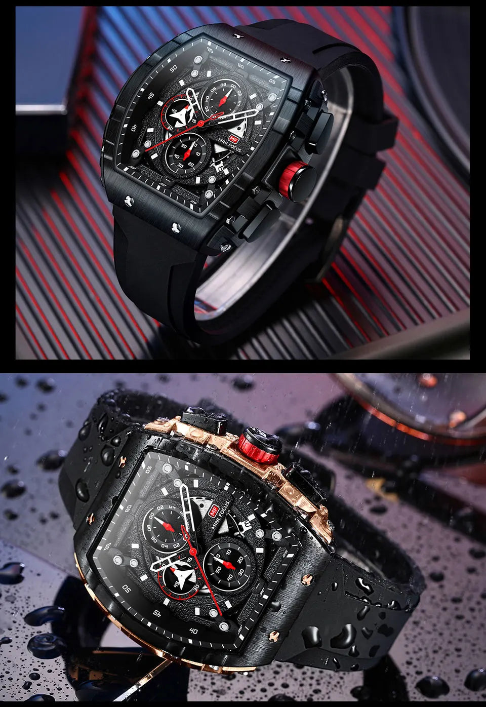 MINI FOCUS Chronograph Quartz Watch for Men Tonneau Dial Military Sport Wristwatch with Orange Silicone Strap Auto Date 0399 - Uknowucme