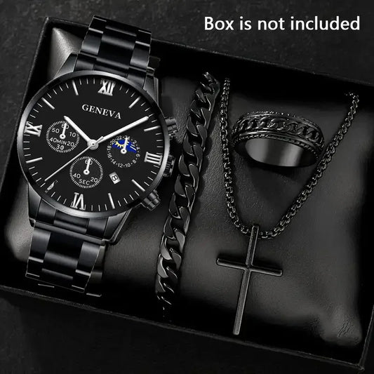 Fashion Roman Scale Quartz Wristwatch 4pcs Set Men Business Watch Fake Three Eyes Calendar Cross Necklace Bracelet Ring Set - Uknowucme