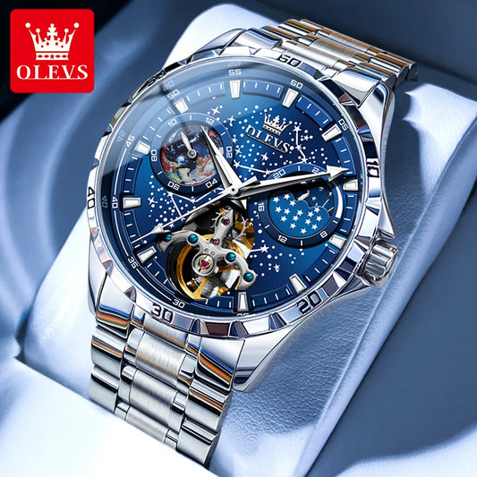 OLEVS Men's Watches Waterproof Multifunctional Luminous Fully Automatic Mechanical Watch Moon Phase Starry Original TOP Brand