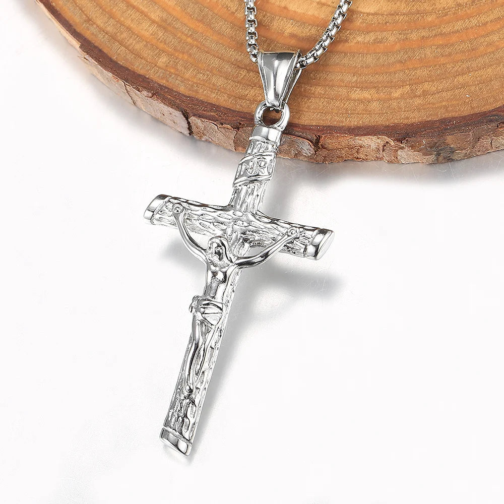 Stainless Steel Religious Crucifix Jesus Cross Necklace Pendant Gold Color Silver Color  for Men Women Box Chain jewelry KP687