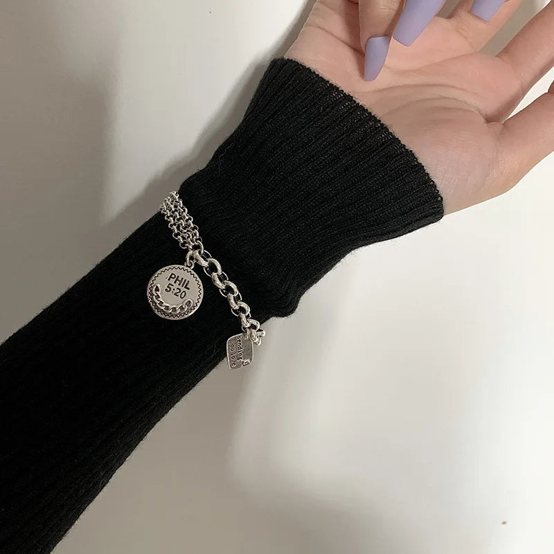 925 Sterling Silver Bracelets for Women Men Accessories Trend Vintage Round Tassel Letters Simple Pendant Party Jewelry Gift - Uknowucme