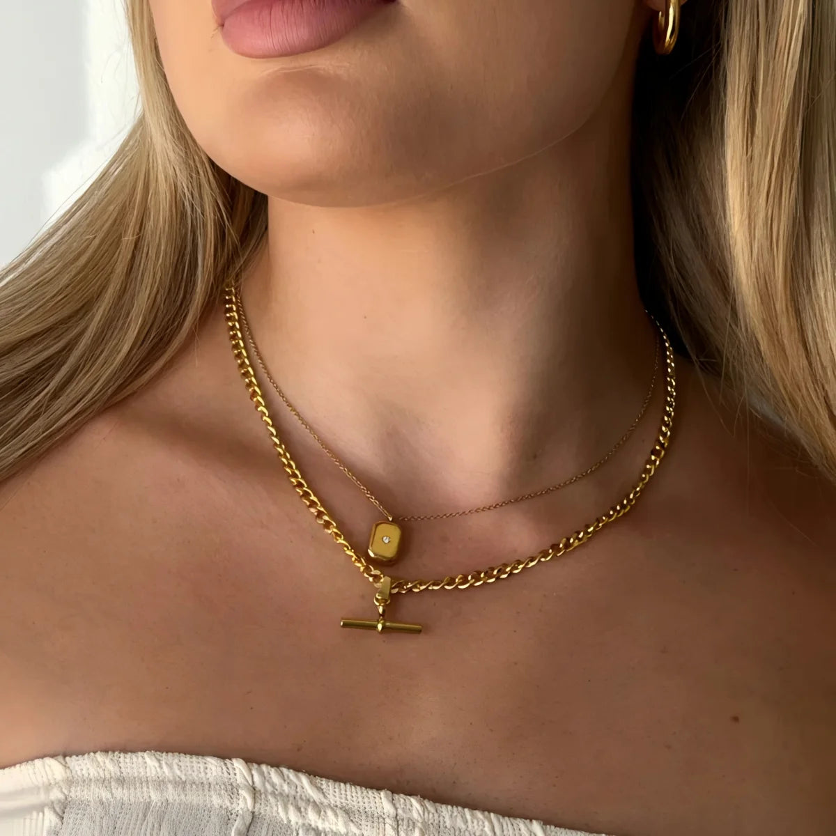 18K Gold Plated Figaro Cuban Chain T-bar Pendant Necklace for Women Stainless Steel Waterproof Party Charm Jewelry - Uknowucme