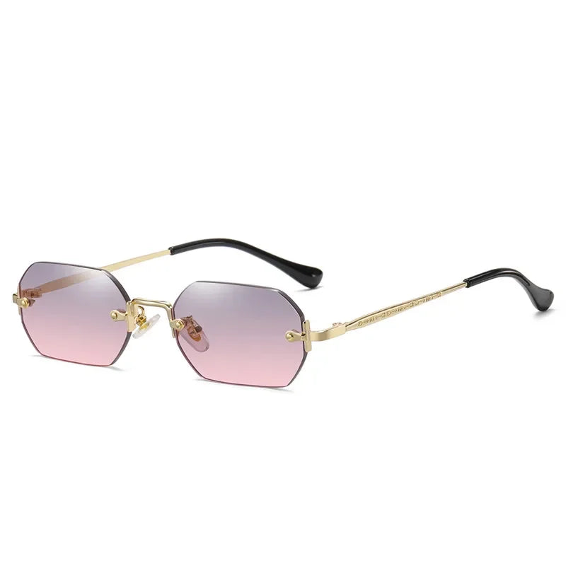 Rimless Rectangle Sunglasses Small Men Glasses Women Metal Gold Polygon Blue Shades 2024 UV400 Frameless - Uknowucme