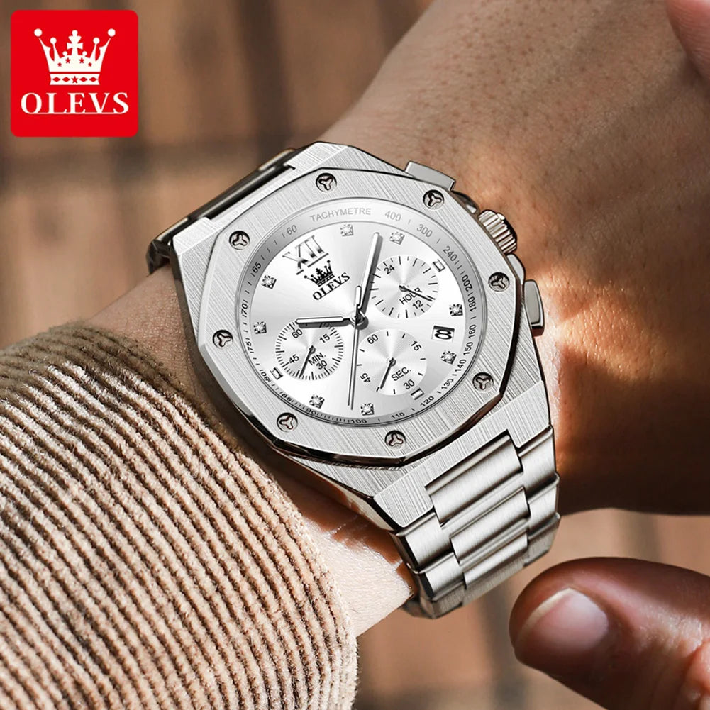 OLEVS Top Brand Men's Watches Stainless Steel Tough Guy Original Quartz Watch for Man Waterproof Luminous Date Chronograph Reloj - Uknowucme