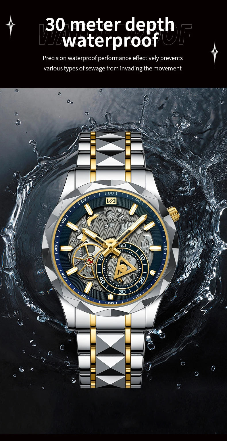 VA VA VOOM Stainless Steel Mens Quartz Watch With 41mm Hollowed Out Dial Quartz Movement Luminous Gold Luxurious Men Wristwatch - Uknowucme