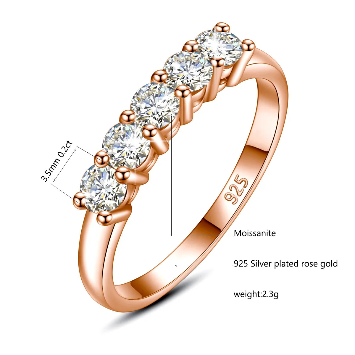 5 Stone Moissanite Ring Silver 925 100% Rose Gold Plated Brilliant Jewelry with Certified Engagement Gifts For Woman Girl - Uknowucme