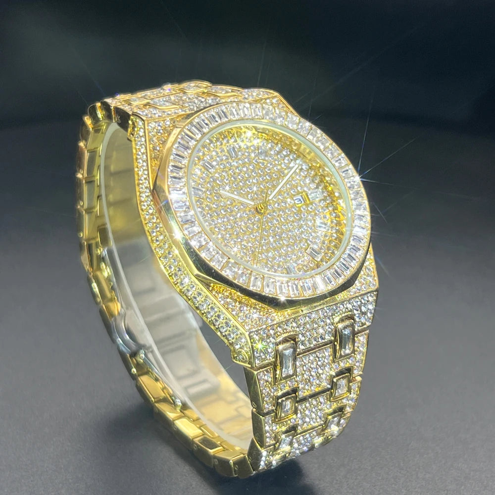 Luxury Men Watches Personalized Green Blingbling Full Diamond Quartz Watch Fashion Ice Out Male Wristwatch Best Sale For Gift