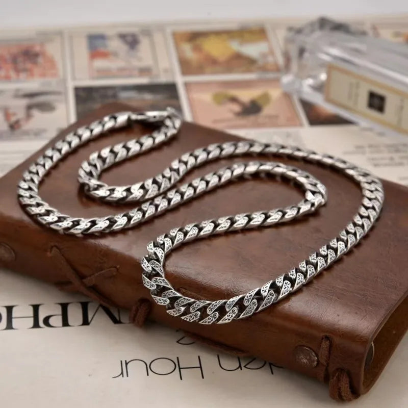 BOCAI New  S925 Sterling Silver Vintage Personalized Punk Trendy Cuban Chain Vine Grass Pattern Necklace Men