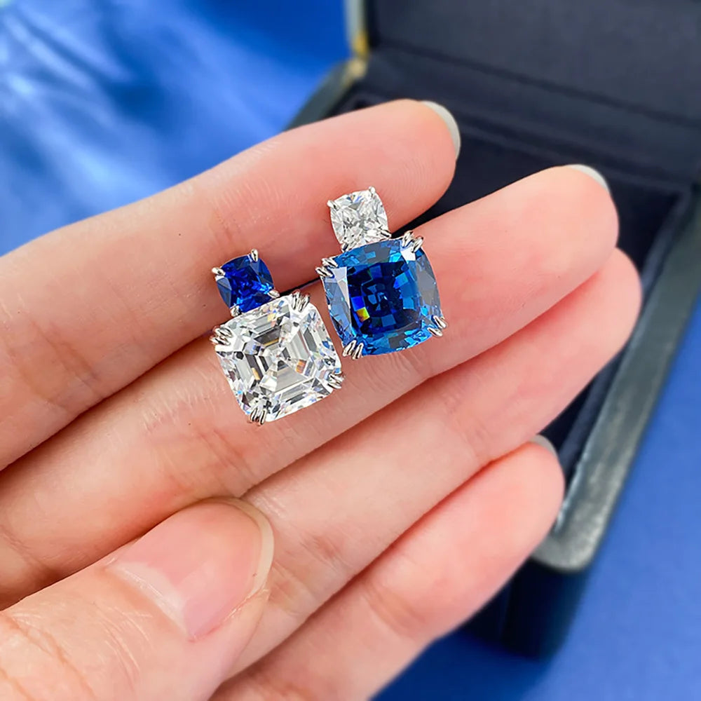 Charms 100% 925 Real Silver 10*10MM Sapphire Lab Diamond Stud Earrings for Women Gemstone Wedding Party Fine Jewelry Lady Gifts - Uknowucme