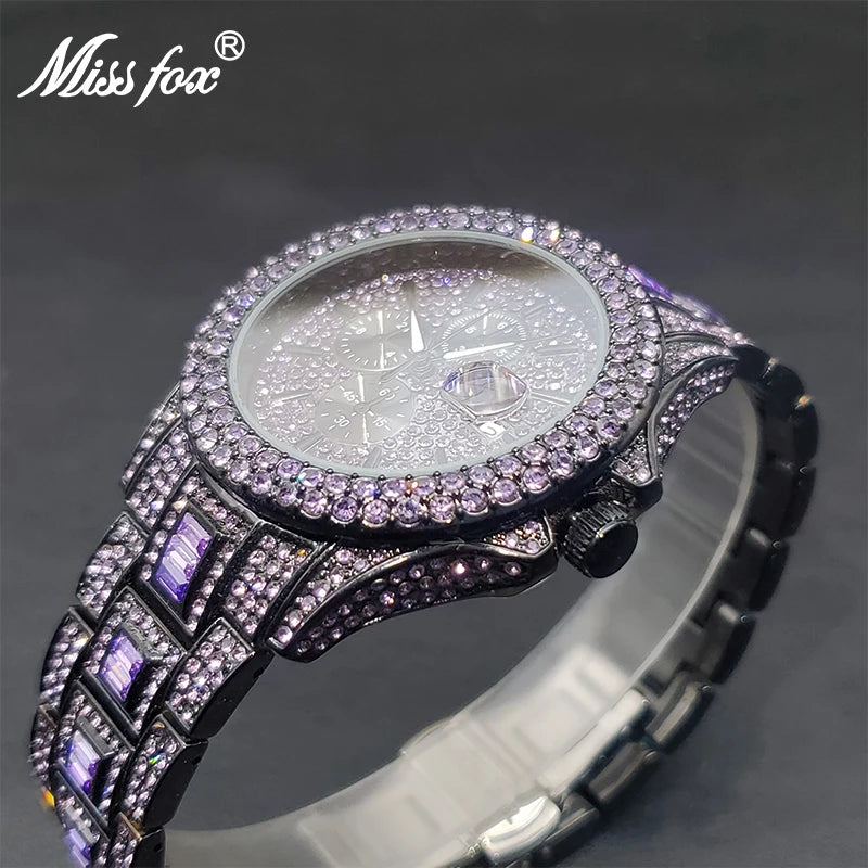 Men's Quartz Watch Hip Hop Iced Out Purple Zircon Luxury Party Jewlry Watches With Calendar Male Hand Clock Decorative Dials