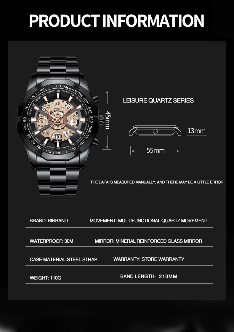2025 Mens Quartz Watches Top Brand Luxury Stainless Steel Waterproof Hollow Out Blue Big Male Wristwatches Relogio Masculino - Uknowucme