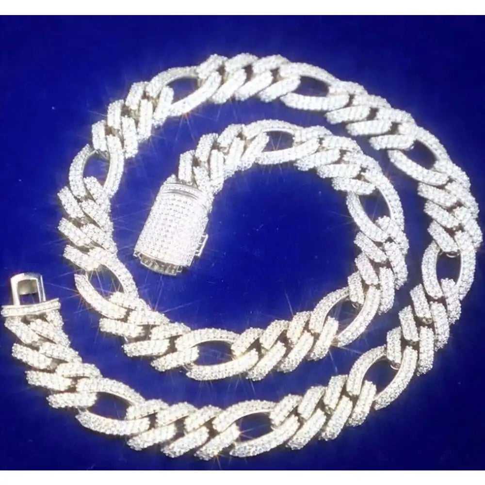 Hip Hop Jewelry Iced Out Prong Setting 13mm Silver Vvs Moissanite Cuban Figaro Link Chain