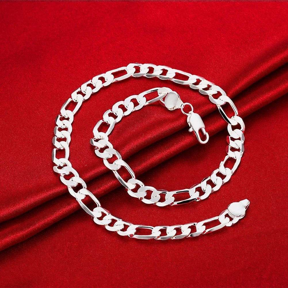 New luxury 925 Sterling silver classic 10MM Figaro Chain bracelets neckalces jewelry set for man women fashion party Accessories - Uknowucme