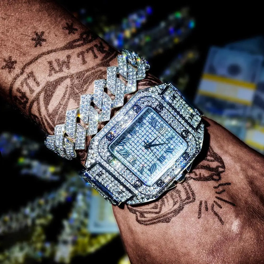 3pcs Men's Watch Set Hip-hop Punk Inlay Diamond Square Watch+Cuban Chain+Bracelet Comes With Strap Adjuster Stylish Jewelry Gift - Uknowucme