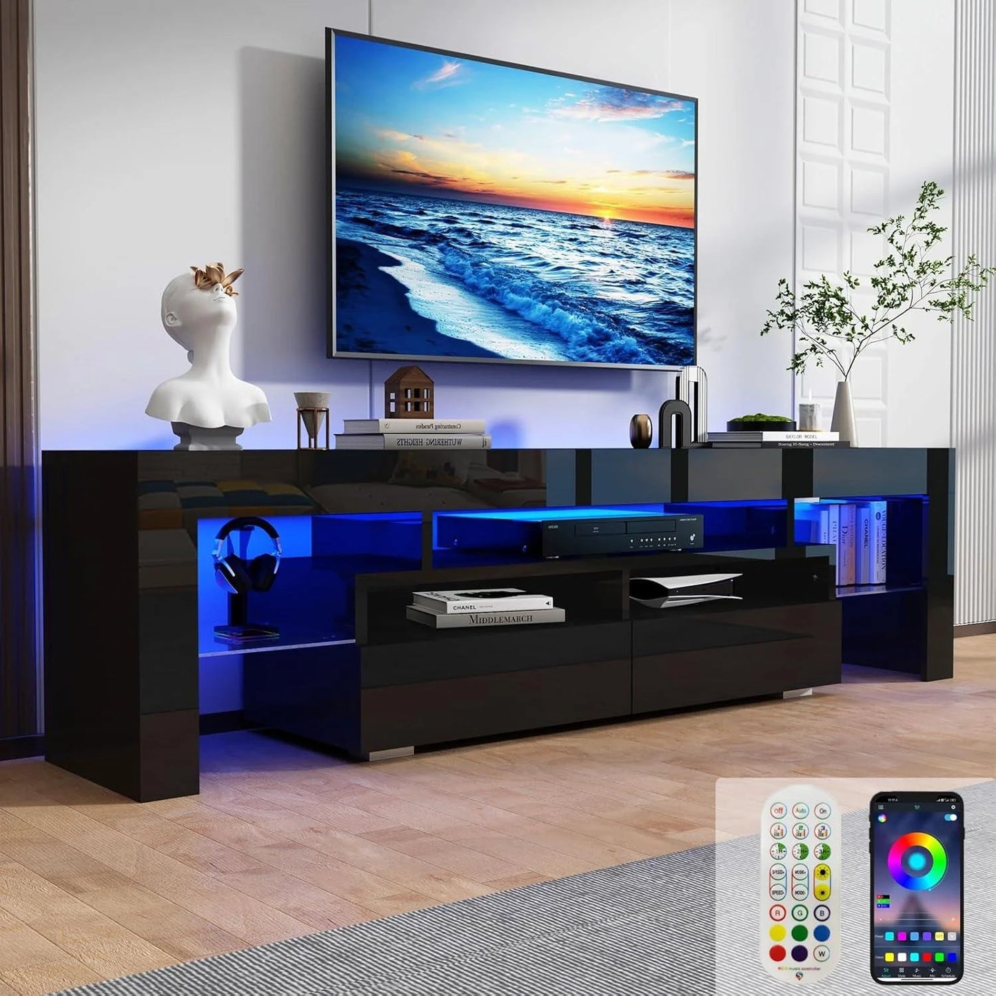 EBELLO 63-Inch Storage TV Cabinet TV Support Shelf Storage Cabinet with Multi-Color Lighting Strips