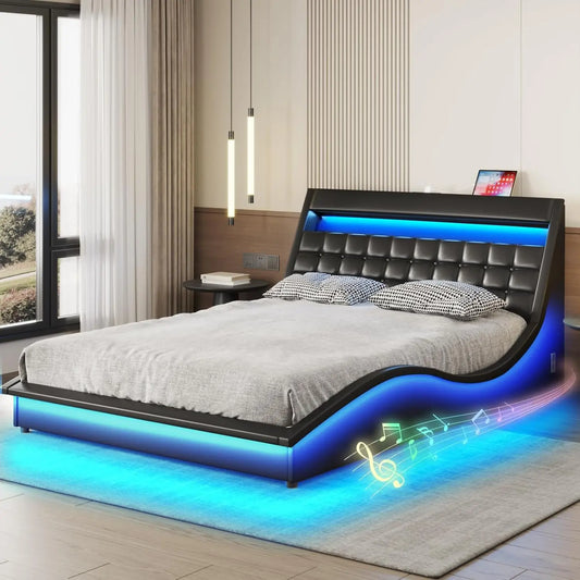 Vabches Full Size Bed Frame with Wave-Like Curve Design PU Leather Upholstered Platform Bed Frame w Charging Station&LED Lights - Uknowucme