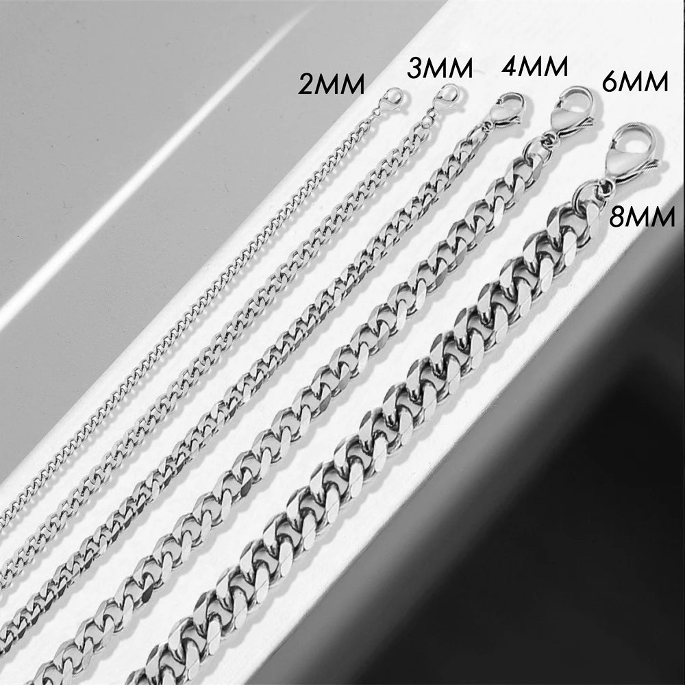 eManco Silver color  2MM/3MM/4MM/6MM/8MM  Men's Cuban Link Chain Necklace Stainless Steel Women Trendy Punk Jewelry