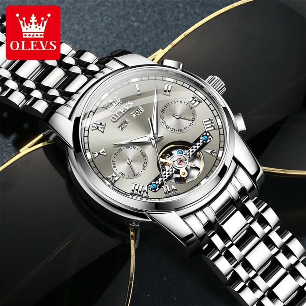 OLEVS Brand Automatic Mechanical Men Watches Waterproof Stainless Steel Strap Watch for Man Skeleton Calendar Hollow out Design - Uknowucme