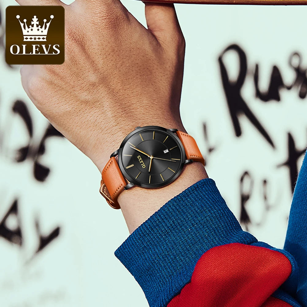 New In OLEVS Quartz Watch for Men Ultra Thin 6.5mm Minimalist Waterproof Date Bussiness Watch Fashion Leather Strap Men's Watch - Uknowucme