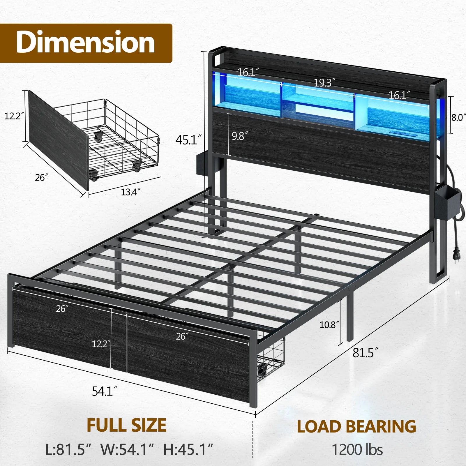 Full/Queen Size Bed Frame with Storage Headboard, Metal Platform Bed Frame with Storage Drawers, LED Lights and Charging Station - Uknowucme