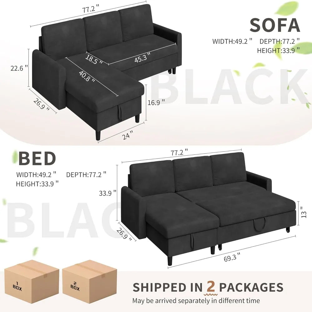 Walsunny L-Shaped Sectional Sleeper Sofa | Pull-Out Bed with Storage, Reversible Design