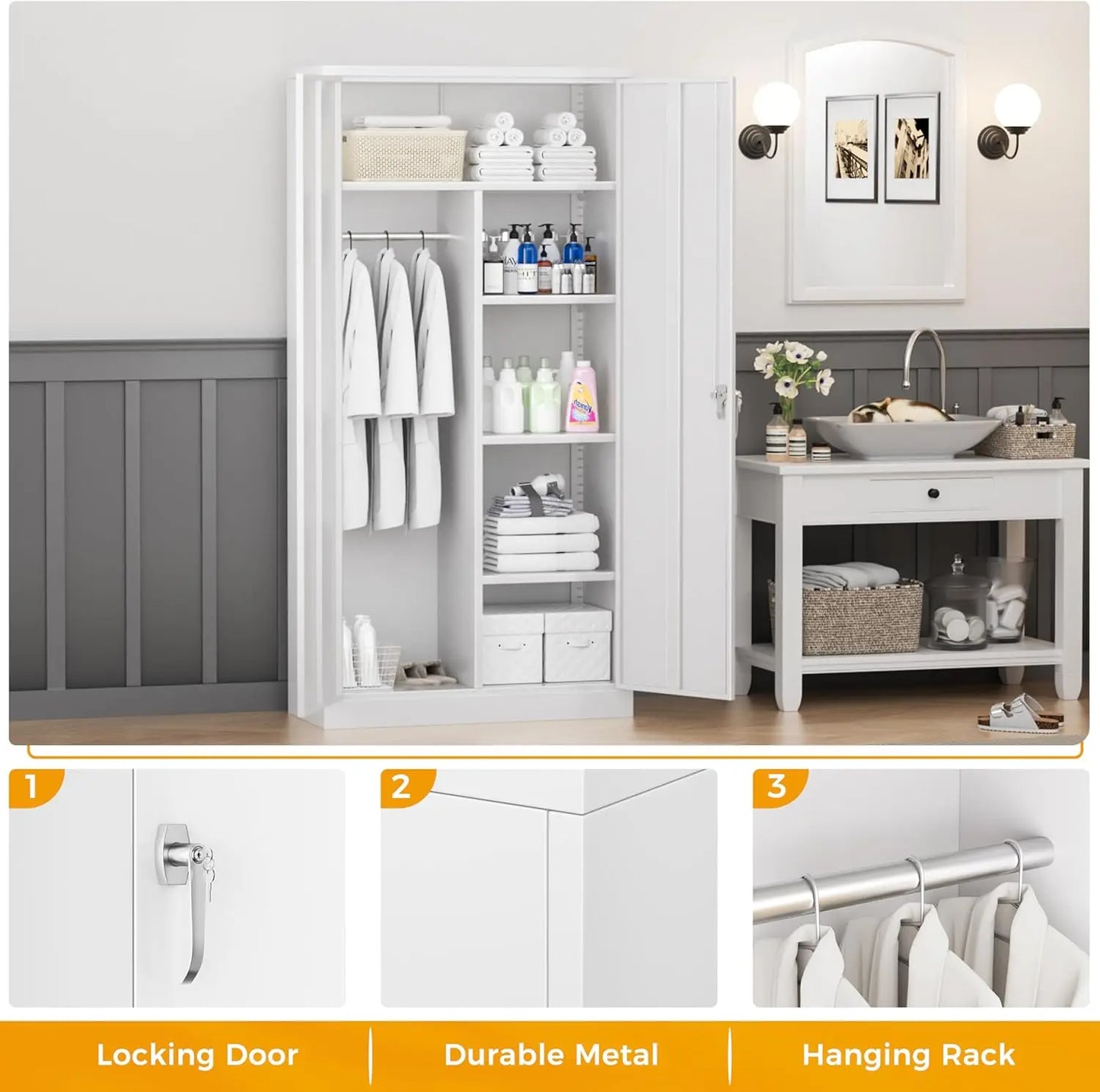 72” Tall Wardrobe Closet with Lock,Clothing Storage Cabinets with Hanging Rod and 4 Adjustable Shelves, Armoire Wardrobe