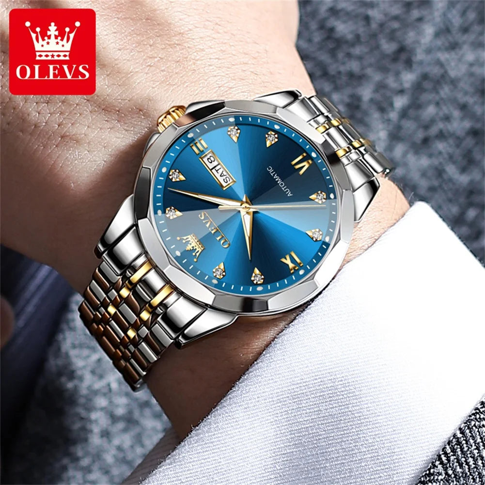 OLEVS 9982 Men's Watches Rhombus Mirror Original Automatic Mechanical Watch for Man Waterproof Stainless Steel Wristwatch Male