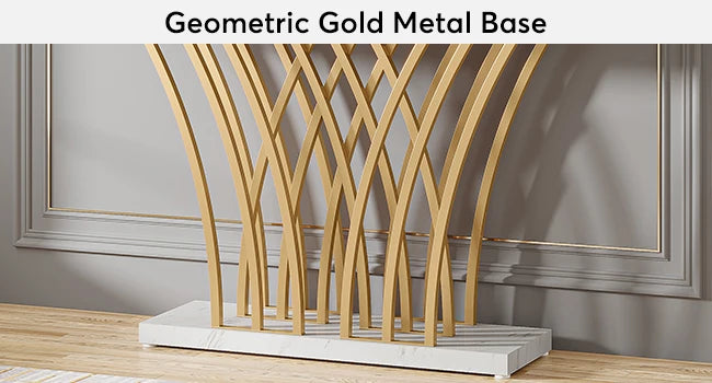 59 inch Gold Console Table, Modern Entryway Table with Grid-Shaped Metal Base for Entrance, Hallway, Entryway, Living Room - Uknowucme