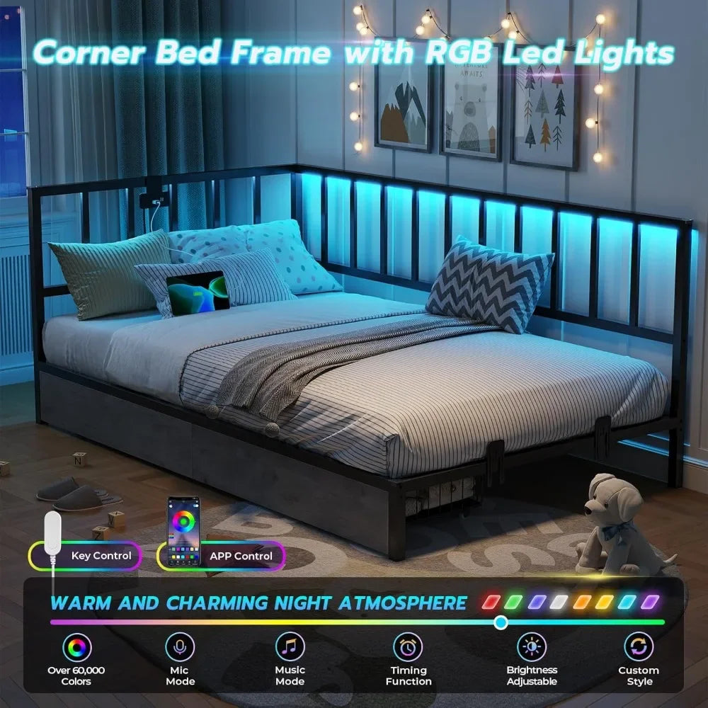 Led Bed Frame with 2 Storage Drawers and Charging Station Twin Platform Corner Bed Frame with Upholstered Guardrail Daybed - Uknowucme
