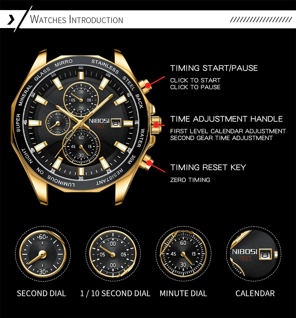 NIBOSI Fashion Big Watch Stainless Steel Top Brand Luxury Sport Chronograph Quartz Watches For Men Wristwatch Relogios Masculino - Uknowucme