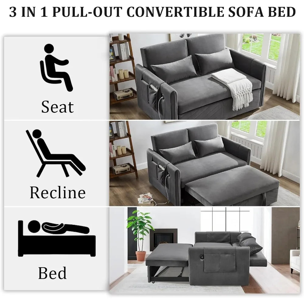 3 in 1 Pull Out Convertible Sofa Bed-Velvet Sleeper Sofa with 3Level Adjustable Backrest,Tufted Love Seat w/ 2Pockets ＆ 2Pillows - Uknowucme