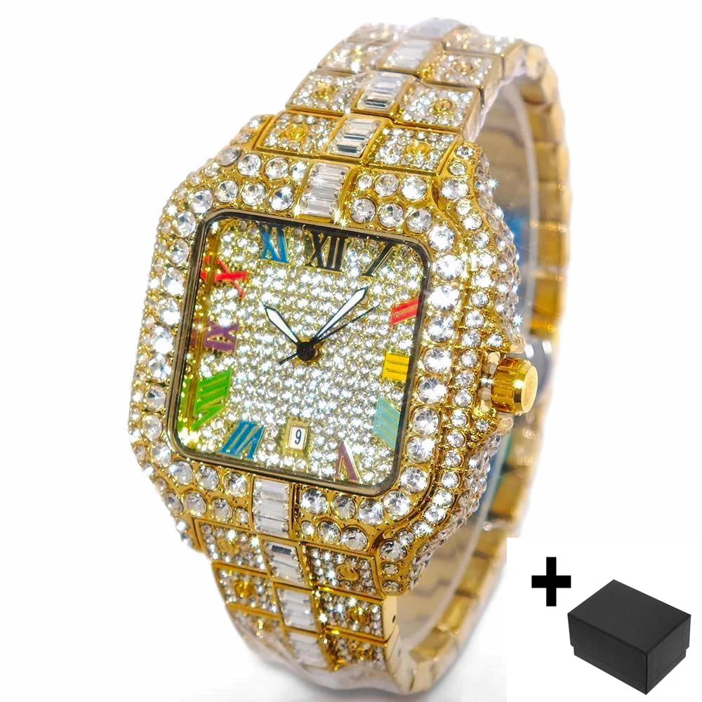 UNIGUET Luxury Iced Quartz Watch for Men Fashion Color Roman Square Watches Man Hip Hop Diamond AAA Jewelry Wristwatch Reloj Hot - Uknowucme