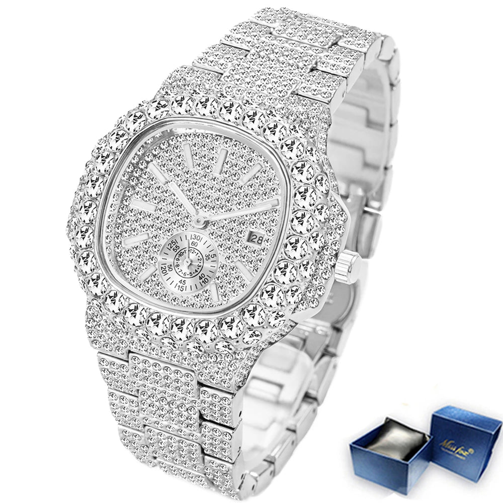Hip Hop Brand MISSFOX Fashion Iced Out Watches Men Luxury Full Diamond 18K Gold Automatic Date Clock Steel Waterproof Watch Male - Uknowucme