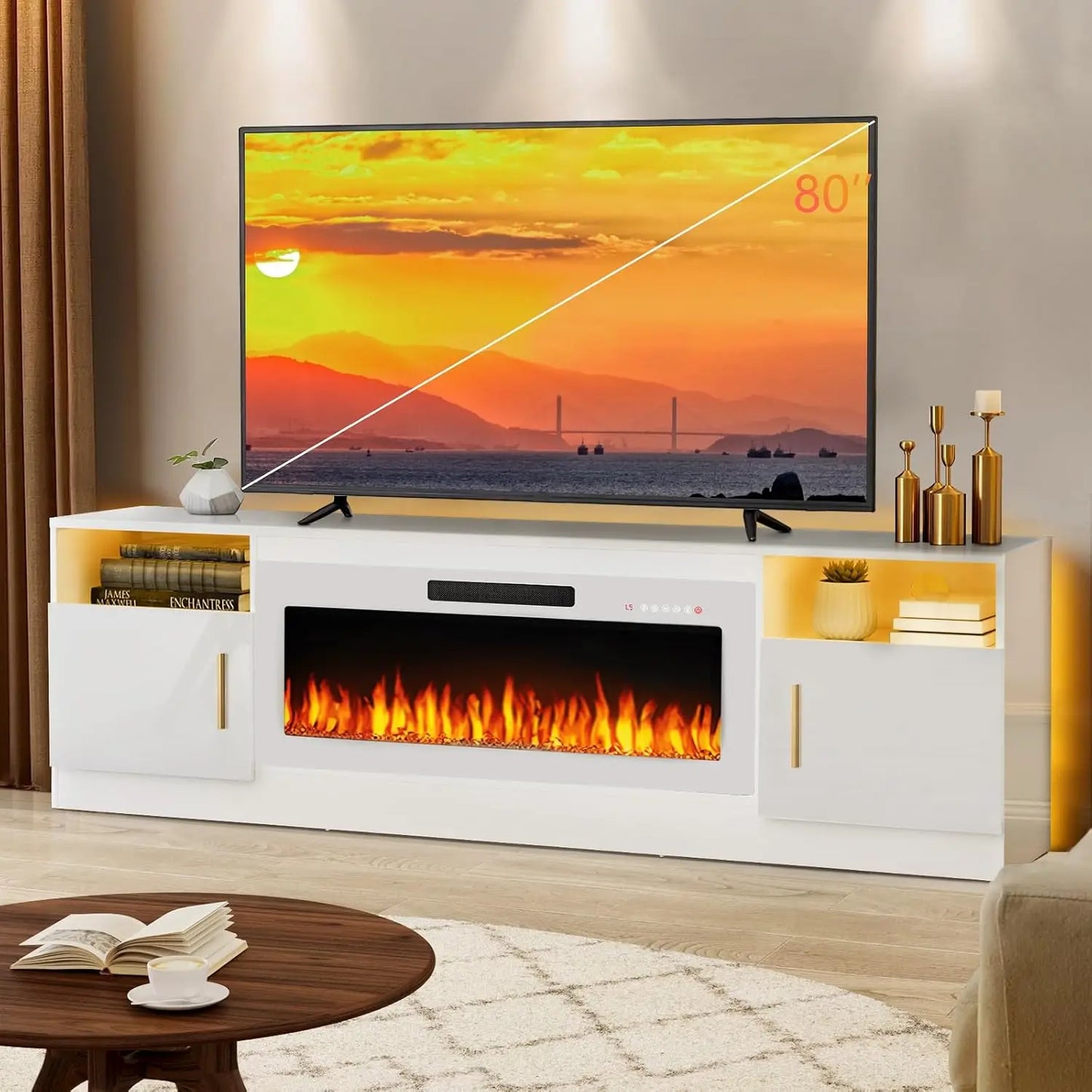 Fireplace tv Stand with 36 inch Fireplace Up to 80" TVs,LED Light Entertainment Center and Storage, 70" Modern Wood Media TV Con