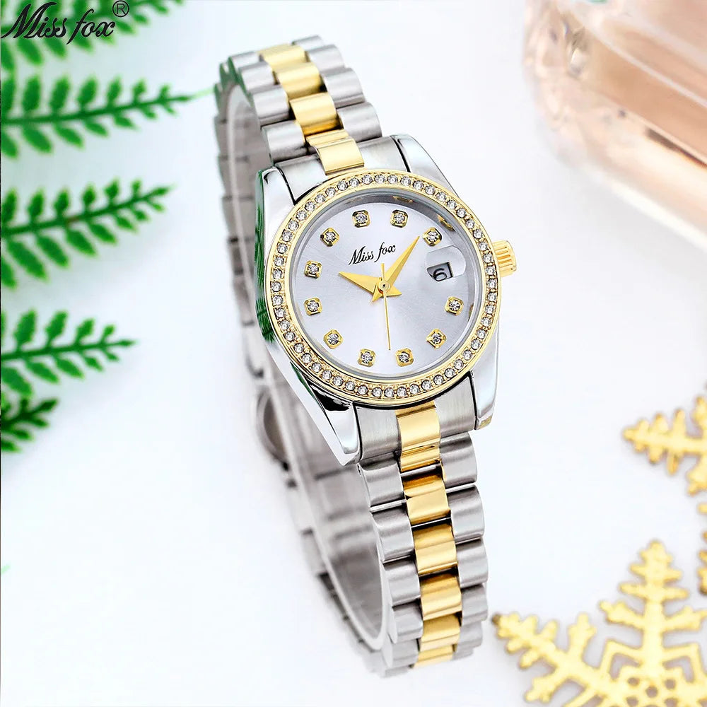 26mm Women Watches Calendar Quartz Wristwatches Iced Out Diamond Fashion Elegant Small Ladies Watch Stainless Gold Reloj Mujer