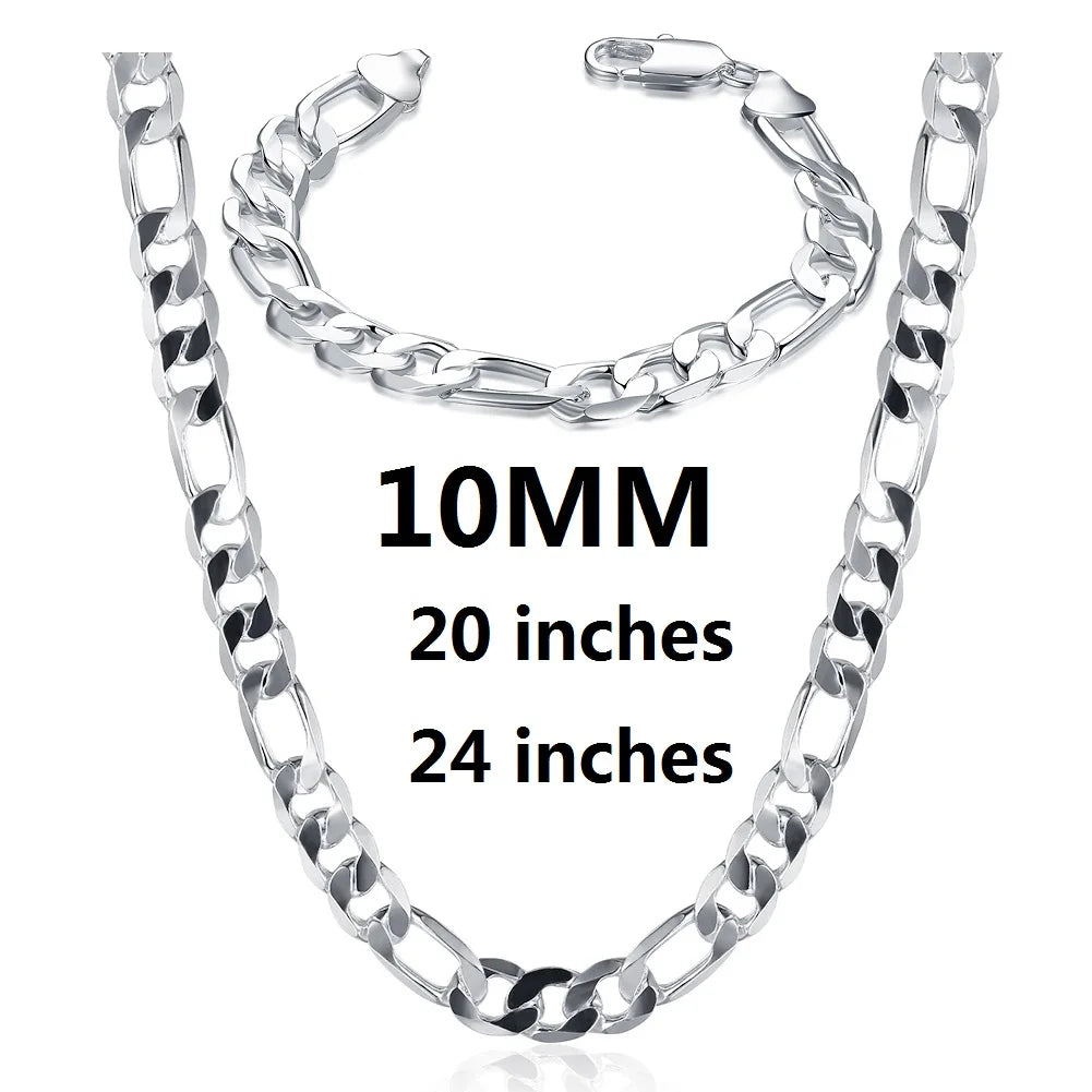 New luxury 925 Sterling silver classic 10MM Figaro Chain bracelets neckalces jewelry set for man women fashion party Accessories - Uknowucme