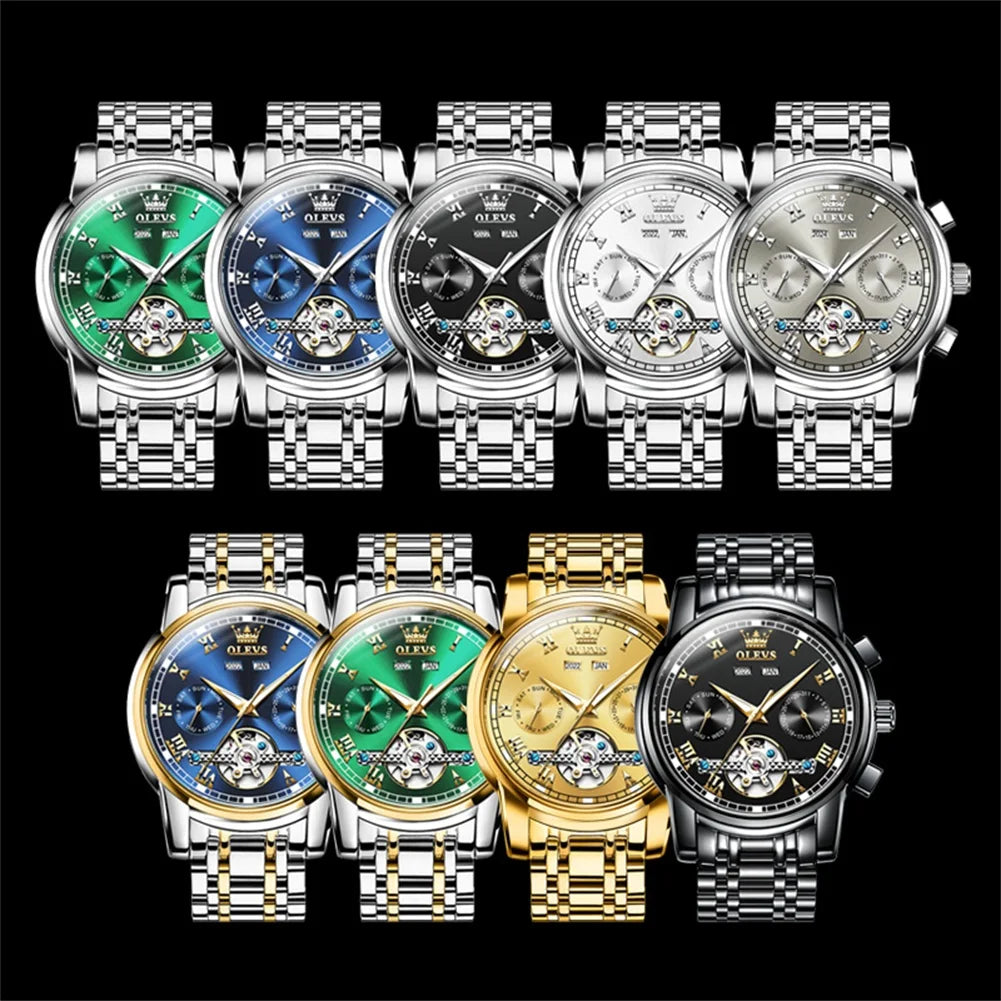 OLEVS Brand Automatic Mechanical Men Watches Waterproof Stainless Steel Strap Watch for Man Skeleton Calendar Hollow out Design - Uknowucme