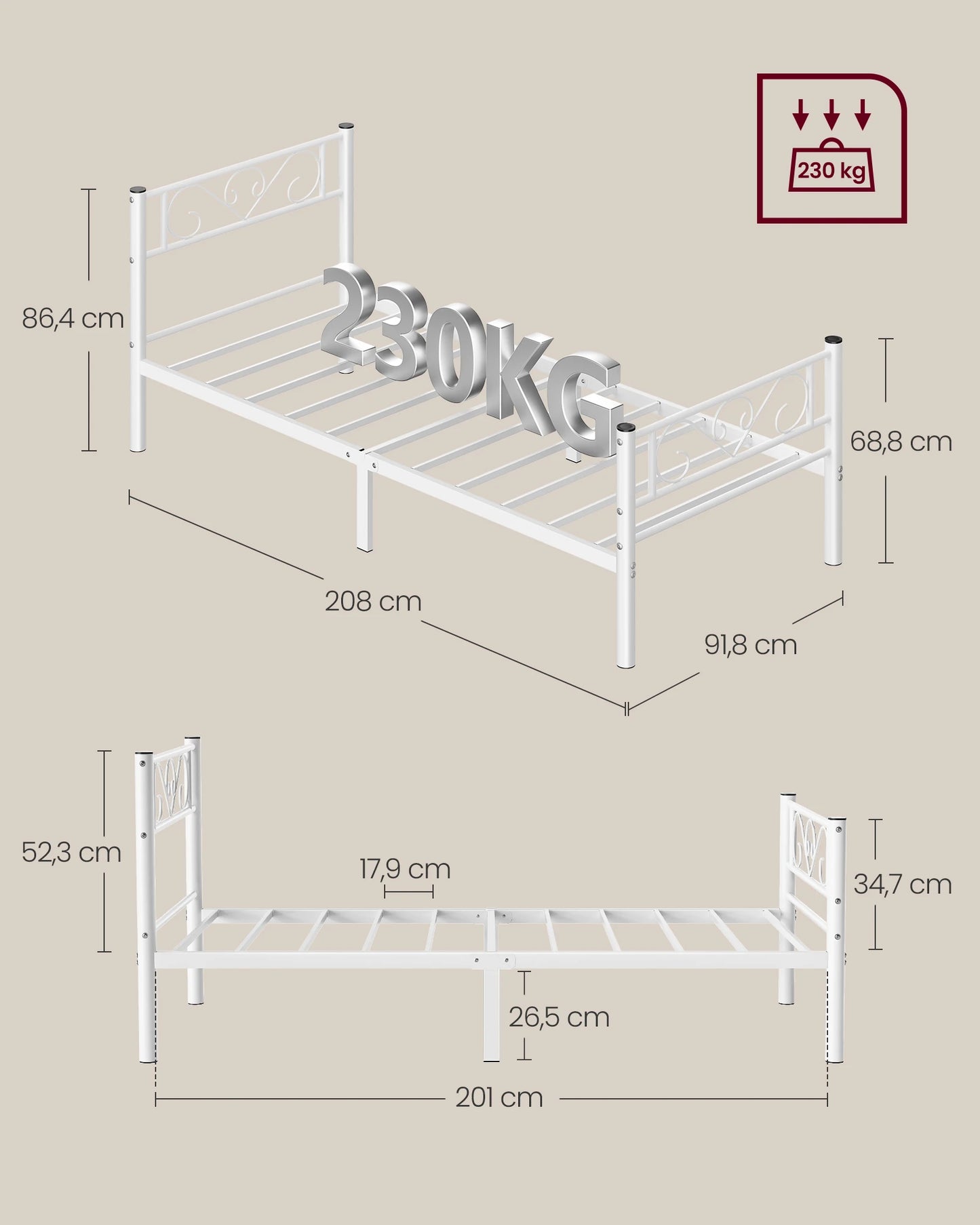 VASAGLE bed 90x200 cm, guest bed, single metal bed, bed rack, bed frame, metal bed, easy assembly - Uknowucme