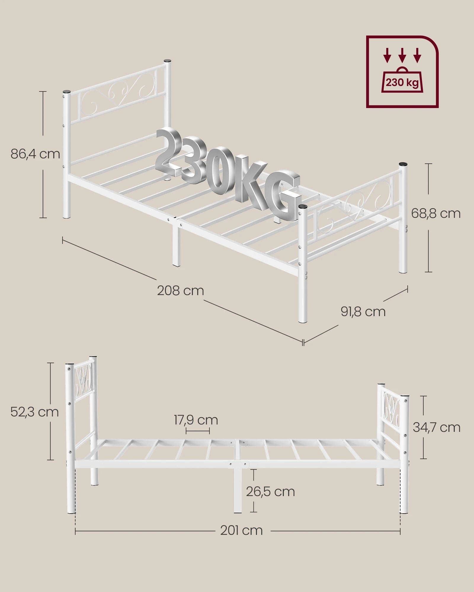 VASAGLE bed 90x200 cm, guest bed, single metal bed, bed rack, bed frame, metal bed, easy assembly - Uknowucme