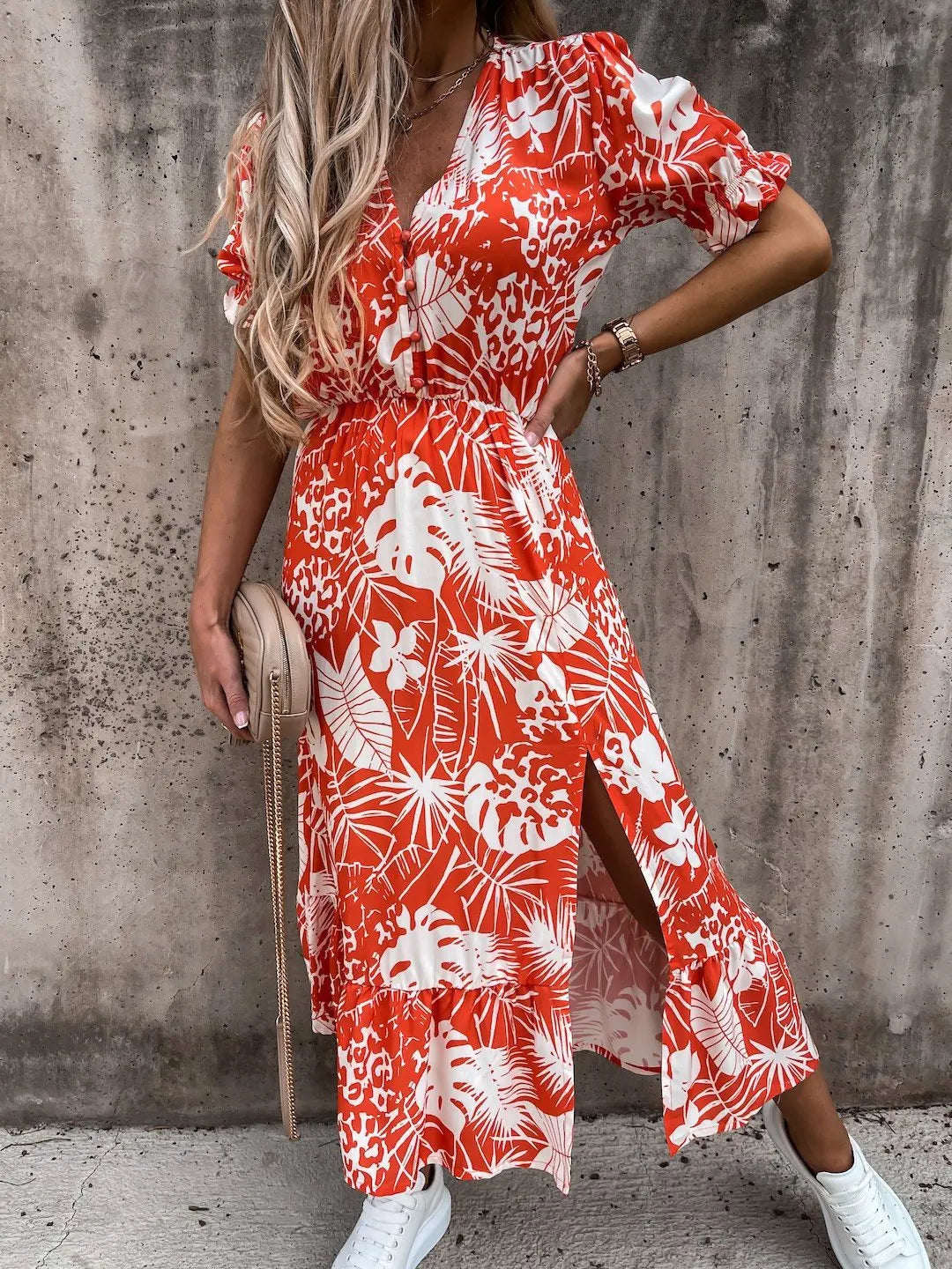 Summer Floral Print Dress Women V Neck Side Slit Long Dress Elegant Short Sleeve Button Slim Spring Female Party Dress Vestidos - Uknowucme