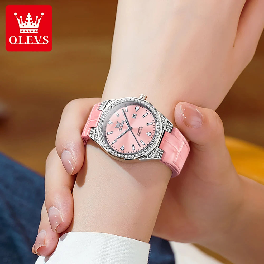 OLEVS 5606 Women's Watches Pink Watch Girl for Women Leather Strap Waterproof Full Diamond Bezel Elegant Ladies' Watches NEW - Uknowucme