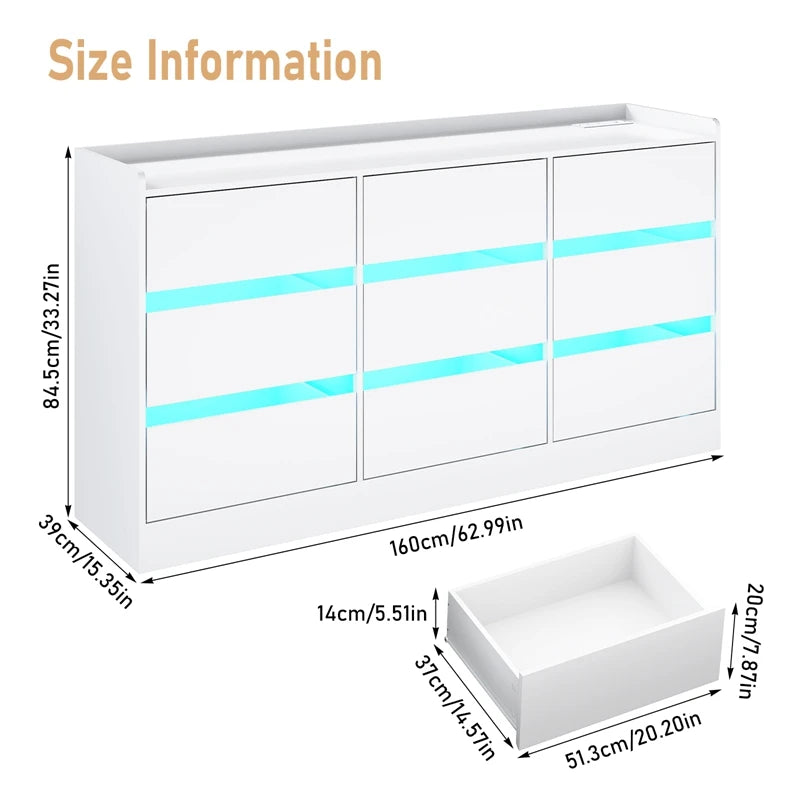 9 Drawer Dresser with Power Outlet & LED Light, Modern Chest of Drawers for Closet, 63" Drawer Organizer Cabinet for Bedroom - Uknowucme